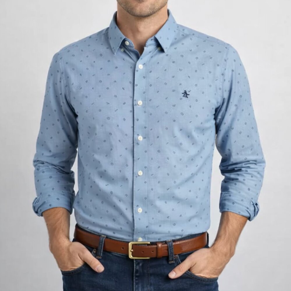 Original Penguin Blue Print Button Down Men’s Long Sleeve Casual Dress Shirt
